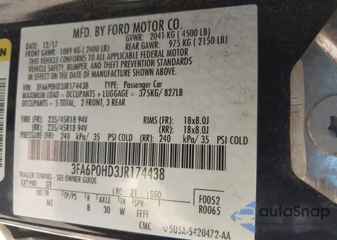 2018 Ford Fusion Se z USA, uszkodzony, nr VIN 3FA6P0HD3JR174438